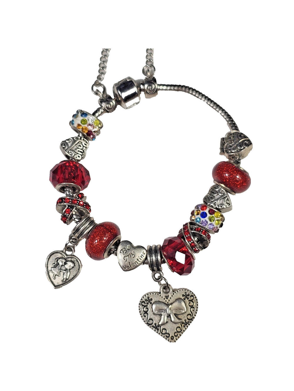 925 Charm Bracelet w 14 Charms & Safety Chain Red Love Glass, Enamel, Filigree - Picture 11 of 13